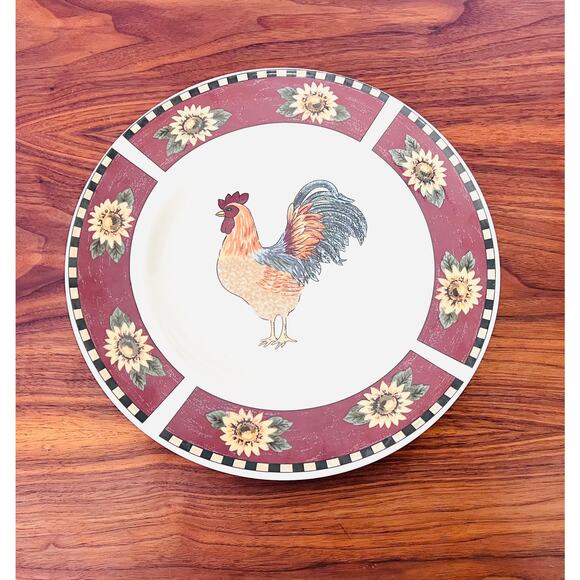 Brewster by Gibson Designs Large Dinner Plate Red Panels Yellow Flowers Rooster - Picture 4 of 5